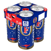 Four 440ml cans of Fosters Lager Beer (3.7% ABV) in blue packaging, marked “NO PLASTIC RINGS,” are priced at £5.69.